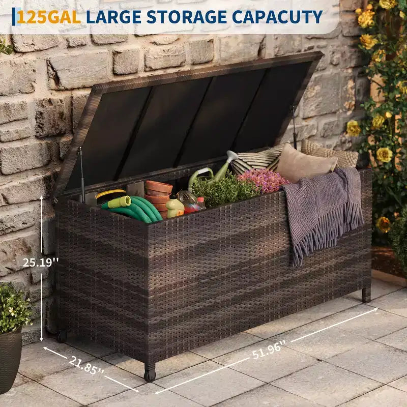 COZONY Baule Portatutto da Esterno con Ruote, Contenitore Impermeabile in Rattan PE, Grande Baule da Giardino per Patio, Bordo Piscina, Cortile