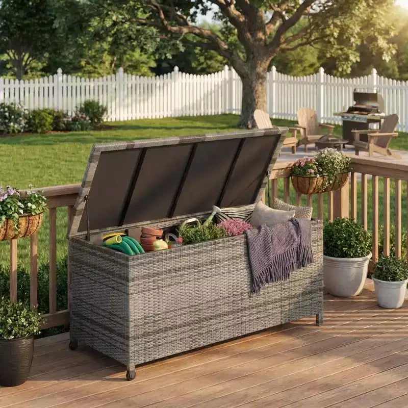 COZONY Baule Portatutto da Esterno con Ruote, Contenitore Impermeabile in Rattan PE, Grande Baule da Giardino per Patio, Bordo Piscina, Cortile