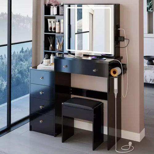 37-Inch Luxury Makeup Vanity Desk with Sliding LED Mirror, Cabinet Storage, Built-In Power Hub, Hair Dryer Stand, and Side Cabinet for Bedroom