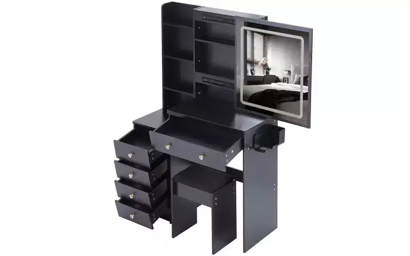 Toeletta di lusso da 94 cm con specchio scorrevole a LED, mobiletto contenitore, hub di alimentazione integrato, supporto per asciugacapelli e mobiletto laterale per camera da letto