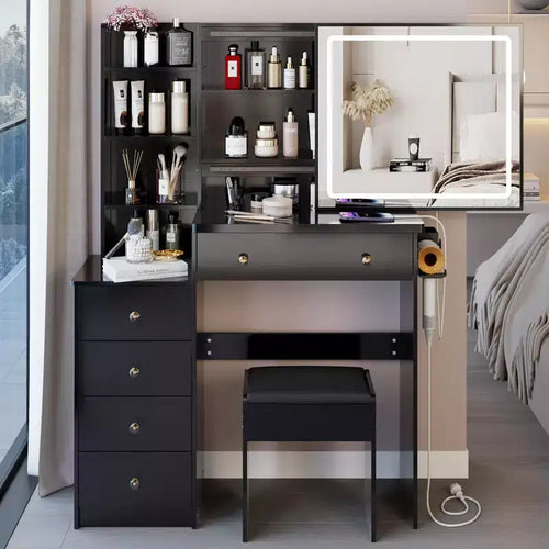 Coiffeuse de luxe de 94 cm avec miroir LED coulissant, rangement intégré, prise de courant, support pour sèche-cheveux et meuble latéral pour chambre à coucher