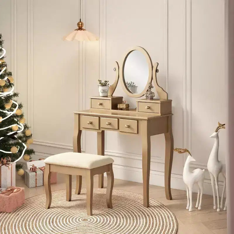 Contemporary Makeup Vanity Desk with Mirror, 5 Drawers, Matching Stool for Bedroom, Gold Finish, Space-Saving Design