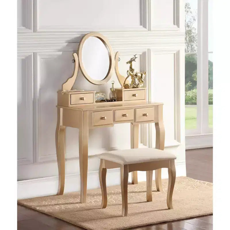 Toeletta Contemporanea con Specchio, 5 Cassetti, Sgabello Abbinato per Camera da Letto, Finitura Oro, Design Salvaspazio