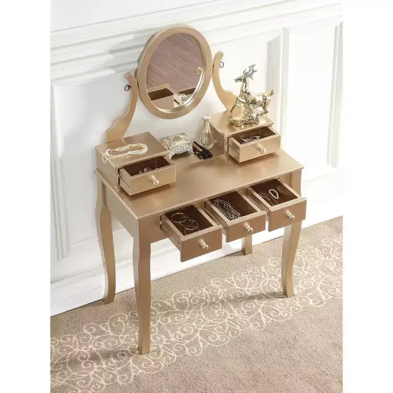 Toeletta Contemporanea con Specchio, 5 Cassetti, Sgabello Abbinato per Camera da Letto, Finitura Oro, Design Salvaspazio