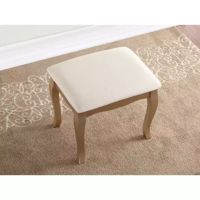 Toeletta Contemporanea con Specchio, 5 Cassetti, Sgabello Abbinato per Camera da Letto, Finitura Oro, Design Salvaspazio