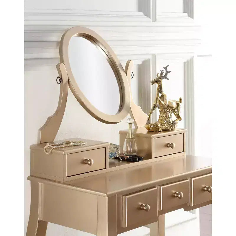 Toeletta Contemporanea con Specchio, 5 Cassetti, Sgabello Abbinato per Camera da Letto, Finitura Oro, Design Salvaspazio