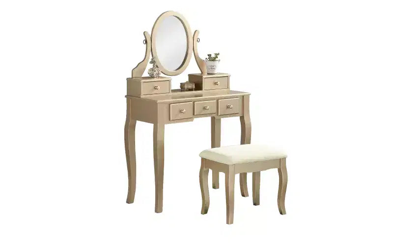 Toeletta Contemporanea con Specchio, 5 Cassetti, Sgabello Abbinato per Camera da Letto, Finitura Oro, Design Salvaspazio