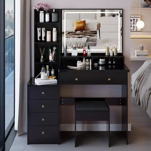 41-Inch Natural Makeup Vanity Desk with Touch-Control LED Mirror, Cabinet Storage, Side Cabinet and Matching Stool for Bedroom
