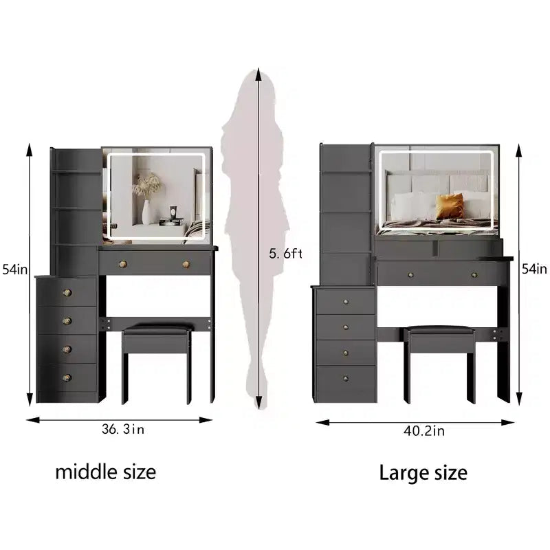 Tavolo da Trucco da 104 cm con Specchio a LED Touch-Control, Mobiletto Contenitore, Mobile Laterale e Sgabello Abbinato per Camera da Letto