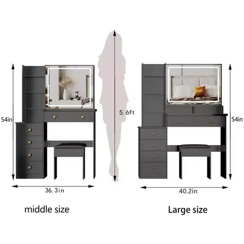 Coiffeuse de maquillage naturelle de 104 cm avec miroir LED tactile, armoire de rangement, meuble latéral et tabouret assorti pour chambre à coucher
