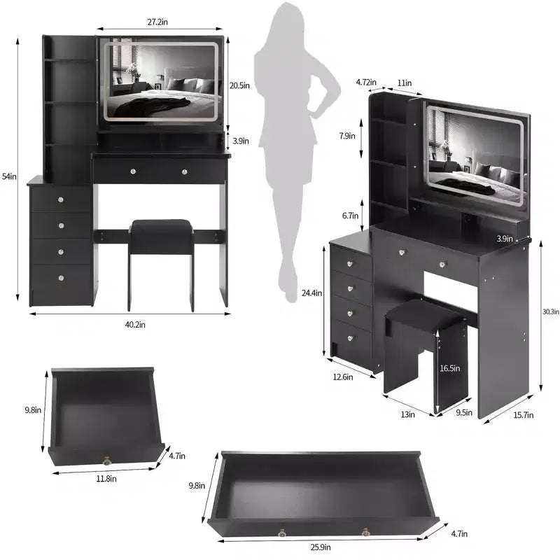 Tavolo da Trucco da 104 cm con Specchio a LED Touch-Control, Mobiletto Contenitore, Mobile Laterale e Sgabello Abbinato per Camera da Letto