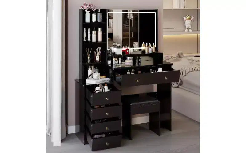 Tavolo da Trucco da 104 cm con Specchio a LED Touch-Control, Mobiletto Contenitore, Mobile Laterale e Sgabello Abbinato per Camera da Letto