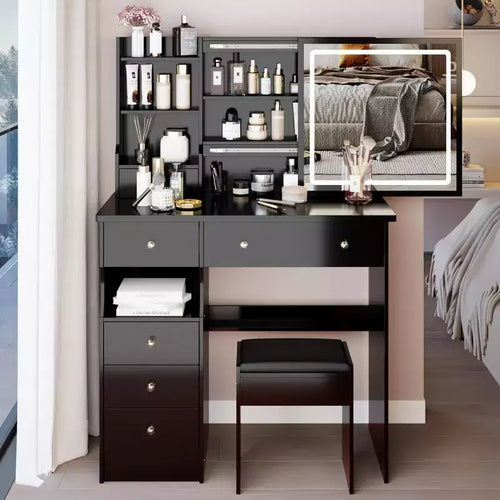 37-Inch Natural Makeup Vanity Desk with Mirror and Lights, Organized Storage, Matching Stool for Bedroom, Dimmable Lighting