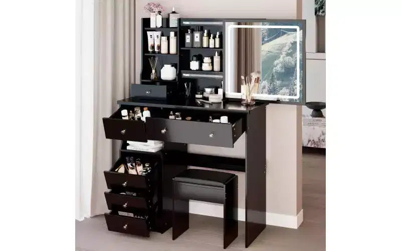 Toeletta da Trucco Naturale da 37 Pollici con Specchio e Luci, Organizzazione Integrata, Sgabello Abbinato per Camera da Letto, Illuminazione Dimmerabile