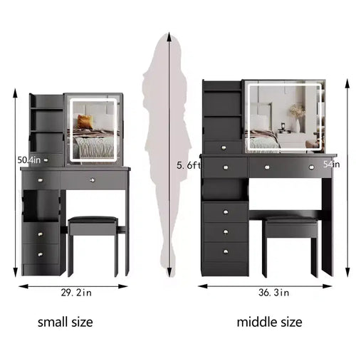 Coiffeuse de 37 pouces avec miroir et lumières, rangement organisé, tabouret assorti pour chambre à coucher, éclairage réglable (dimmable)