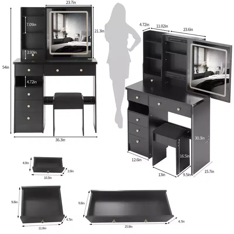 Toeletta da Trucco Naturale da 37 Pollici con Specchio e Luci, Organizzazione Integrata, Sgabello Abbinato per Camera da Letto, Illuminazione Dimmerabile