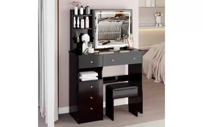 Toeletta da Trucco Naturale da 37 Pollici con Specchio e Luci, Organizzazione Integrata, Sgabello Abbinato per Camera da Letto, Illuminazione Dimmerabile