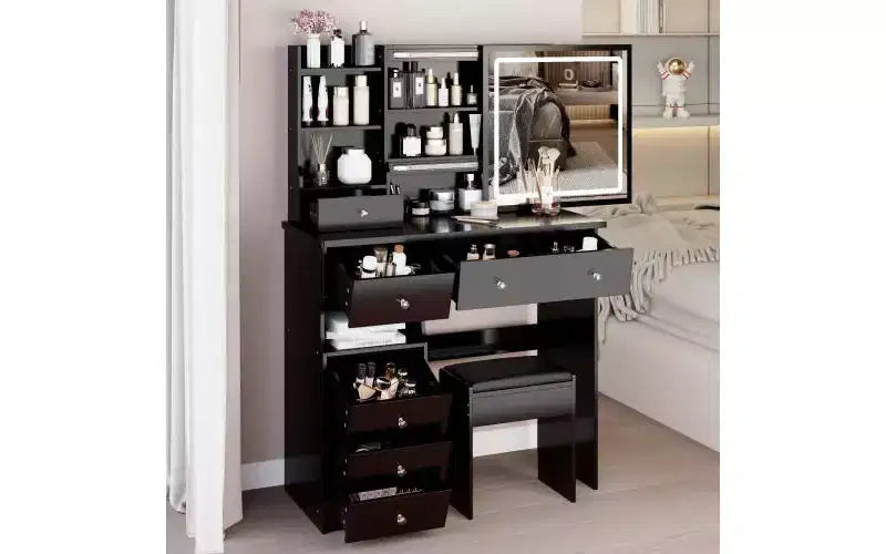 Toeletta da Trucco Naturale da 37 Pollici con Specchio e Luci, Organizzazione Integrata, Sgabello Abbinato per Camera da Letto, Illuminazione Dimmerabile
