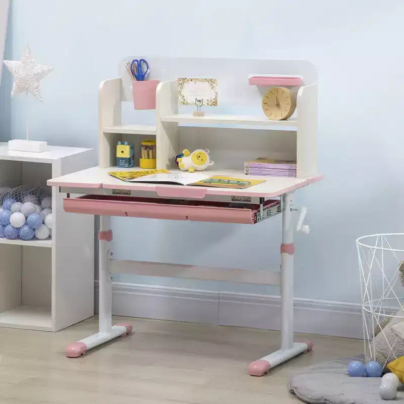 Scrivania per bambini regolabile in altezza con piano inclinabile, cassetto e mensola, rosa