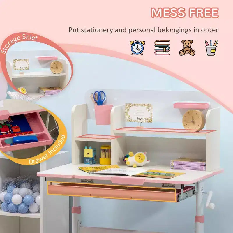 Scrivania per bambini regolabile in altezza con piano inclinabile, cassetto e mensola, rosa