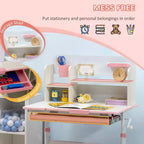 Scrivania per bambini regolabile in altezza con piano inclinabile, cassetto e mensola, rosa