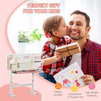 Scrivania per bambini regolabile in altezza con piano inclinabile, cassetto e mensola, rosa