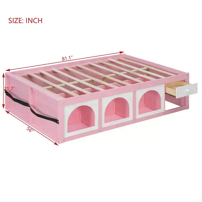 Polibi Letto a Piattaforma in Legno con Pediera Libreria, Mobile Vetrina a LED e Cassetto Contenitore