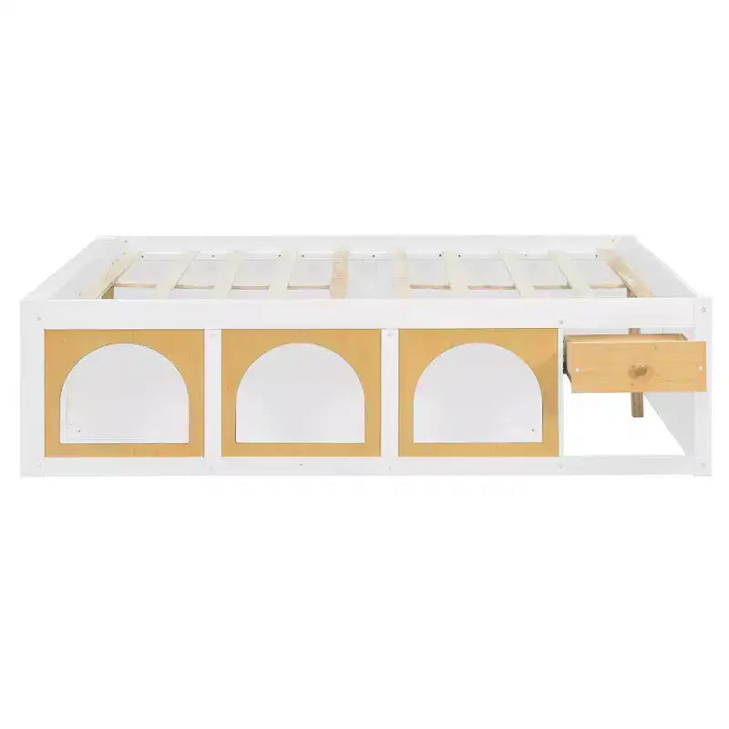 Polibi Letto a Piattaforma in Legno con Pediera Libreria, Mobile Vetrina a LED e Cassetto Contenitore