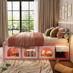 Polibi Letto a Piattaforma in Legno con Pediera Libreria, Mobile Vetrina a LED e Cassetto Contenitore