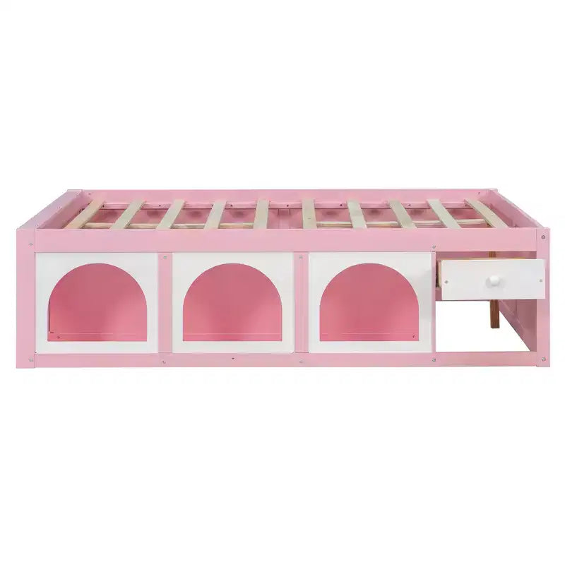Polibi Letto a Piattaforma in Legno con Pediera Libreria, Mobile Vetrina a LED e Cassetto Contenitore