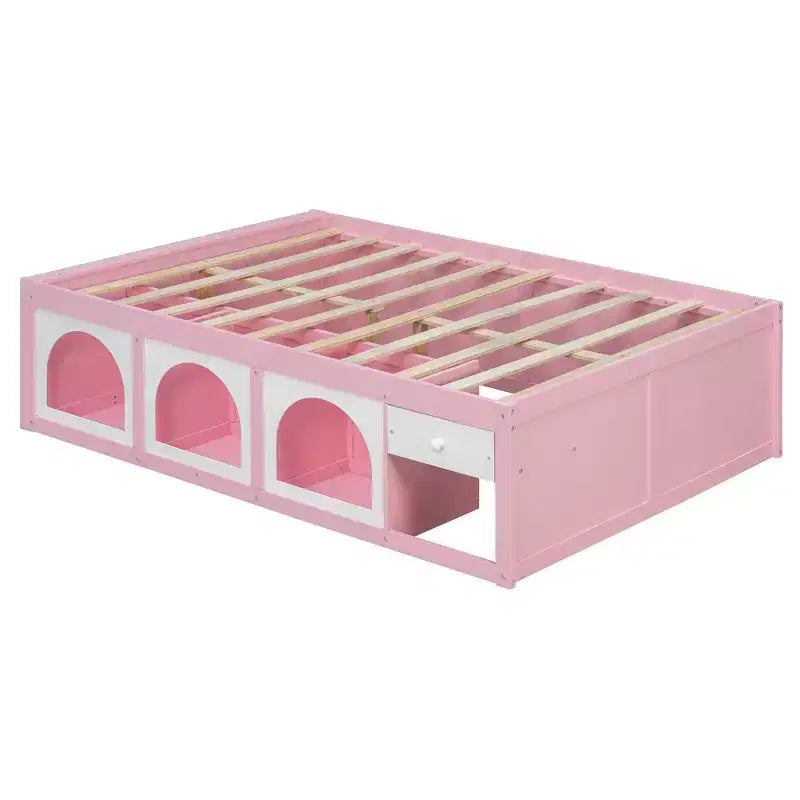 Polibi Letto a Piattaforma in Legno con Pediera Libreria, Mobile Vetrina a LED e Cassetto Contenitore