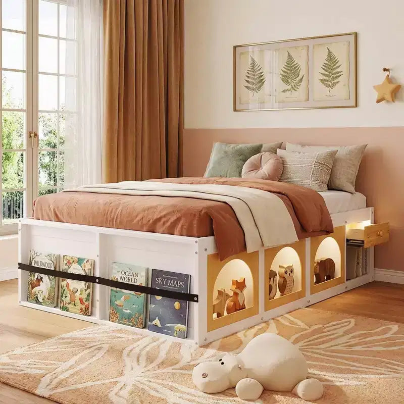 Polibi Letto a Piattaforma in Legno con Pediera Libreria, Mobile Vetrina a LED e Cassetto Contenitore