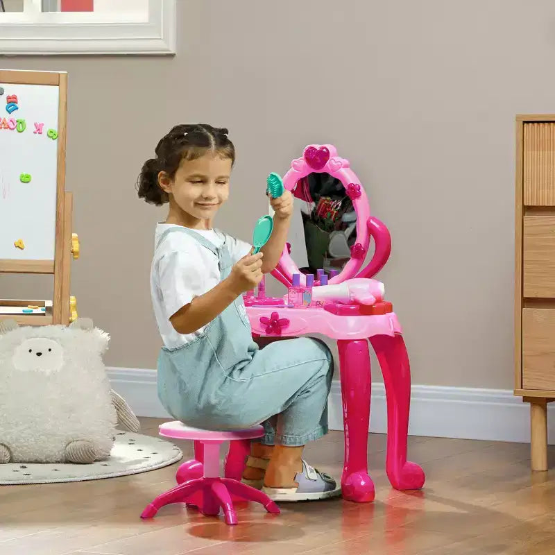 Toeletta per bambini con specchio illuminato, sgabello e 15 accessori, colore: rosa
