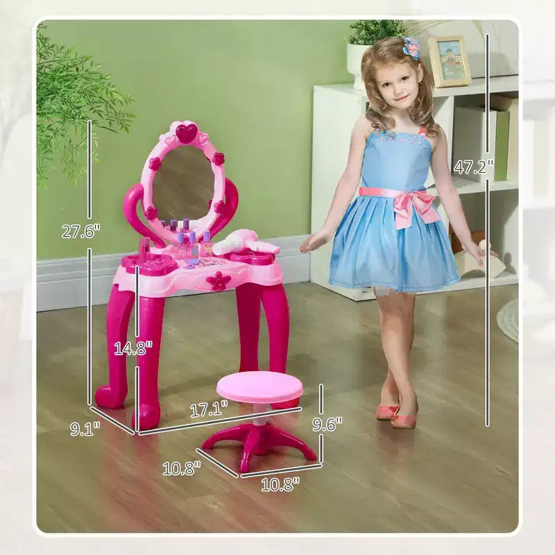 Toeletta per bambini con specchio illuminato, sgabello e 15 accessori, colore: rosa