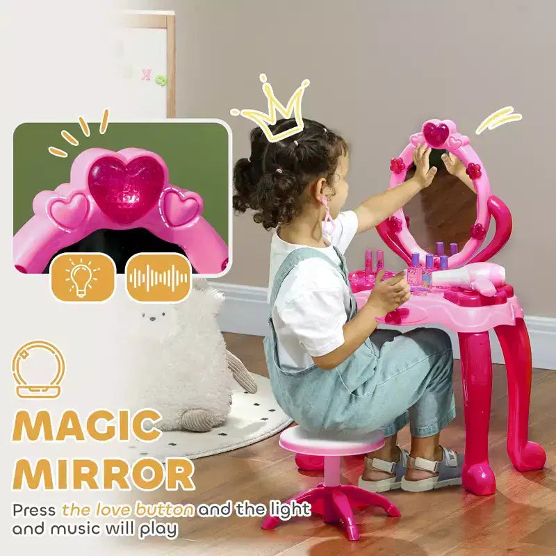 Toeletta per bambini con specchio illuminato, sgabello e 15 accessori, colore: rosa