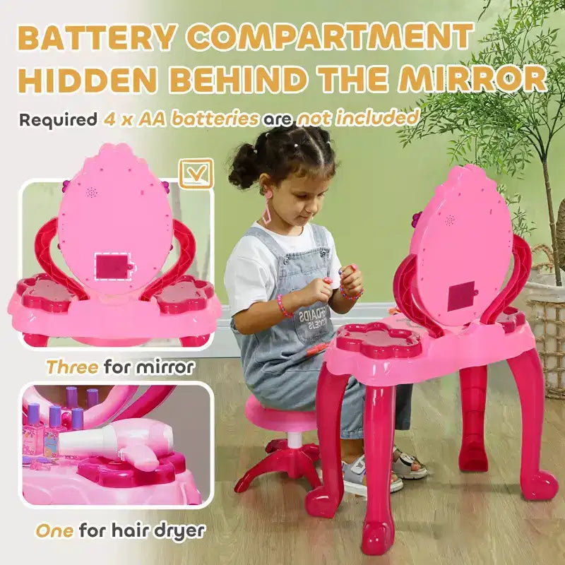 Toeletta per bambini con specchio illuminato, sgabello e 15 accessori, colore: rosa