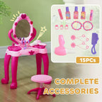 Toeletta per bambini con specchio illuminato, sgabello e 15 accessori, colore: rosa
