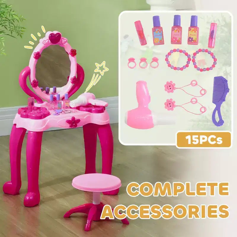 Toeletta per bambini con specchio illuminato, sgabello e 15 accessori, colore: rosa
