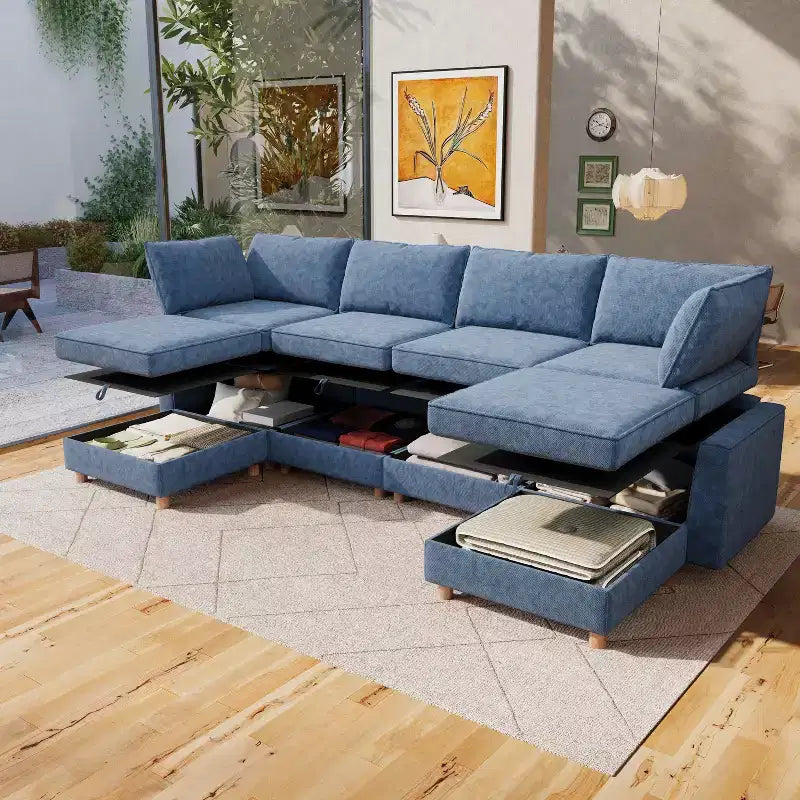 Divano Sezionale Modulare a U a 6 Posti in Tessuto GDFStudio Zayne con Contenitore