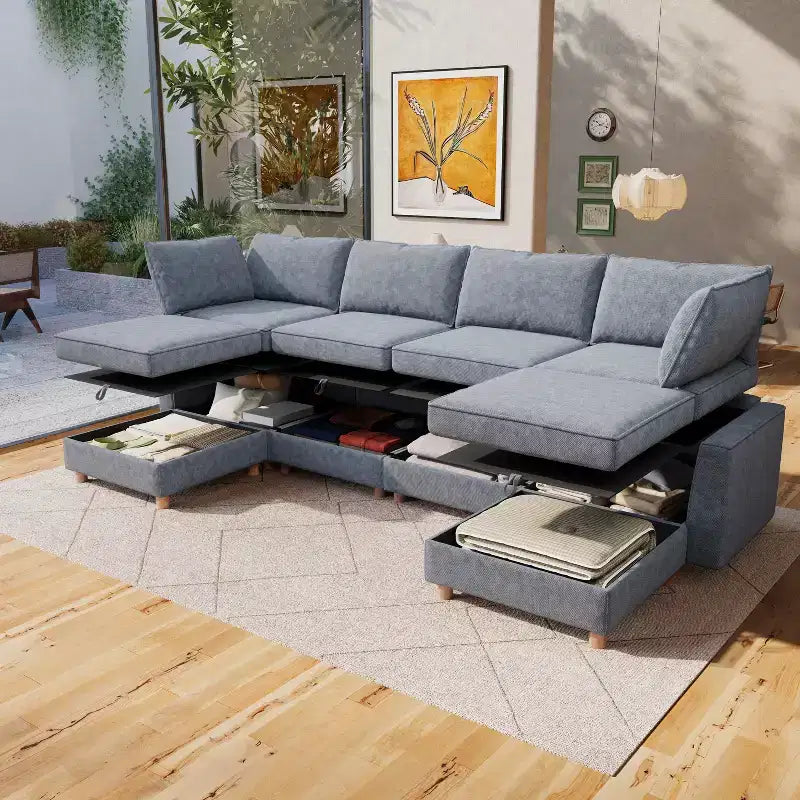 Divano Sezionale Modulare a U a 6 Posti in Tessuto GDFStudio Zayne con Contenitore