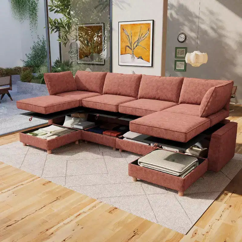 Divano Sezionale Modulare a U a 6 Posti in Tessuto GDFStudio Zayne con Contenitore