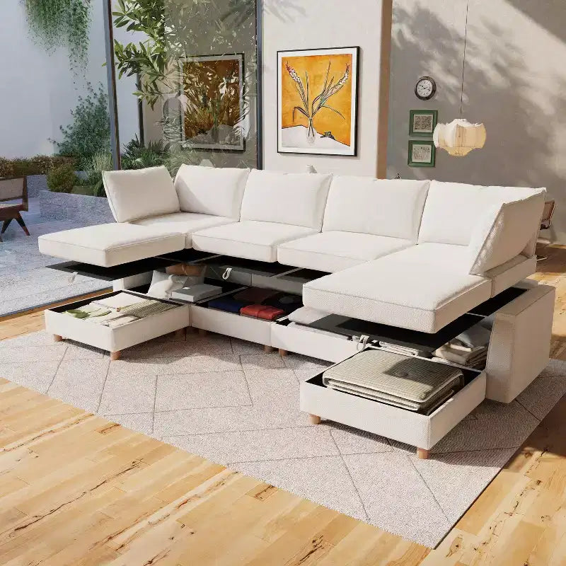 Divano Sezionale Modulare a U a 6 Posti in Tessuto GDFStudio Zayne con Contenitore