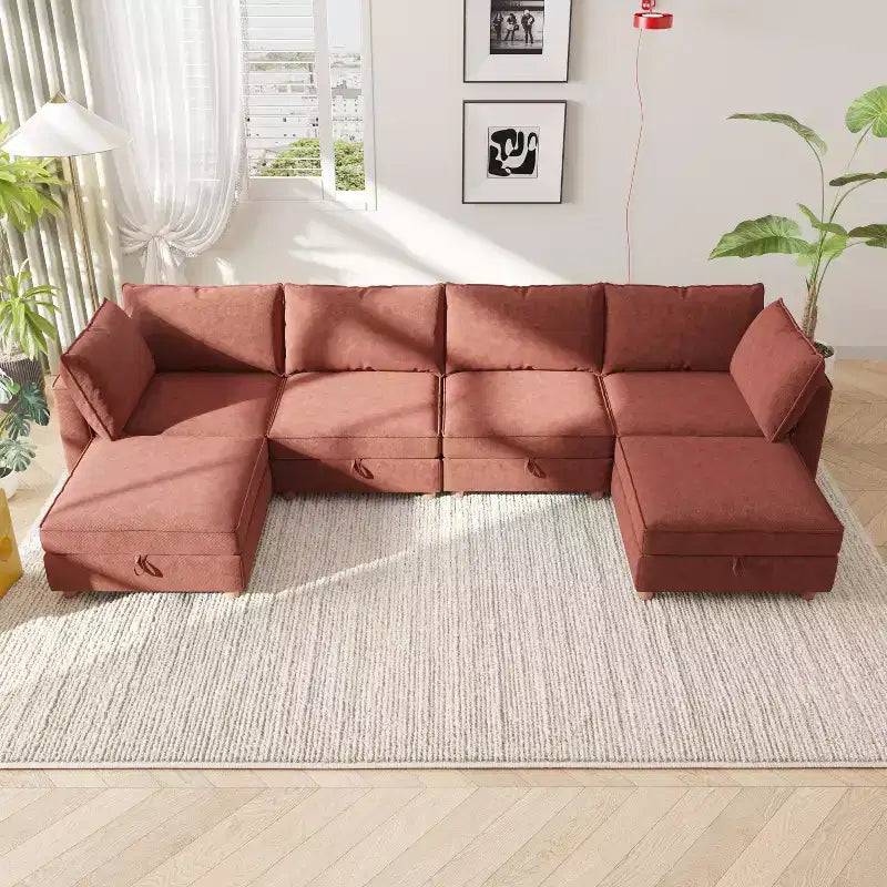 Divano Sezionale Modulare a U a 6 Posti in Tessuto GDFStudio Zayne con Contenitore