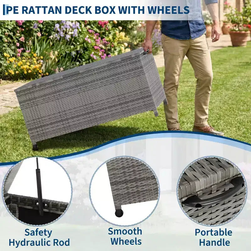 Acekool Baule Contenitore da Esterno in Rattan con Ruote, Coperchio in PP e Fodera con Cerniera, per Patio Piscina Giardino
