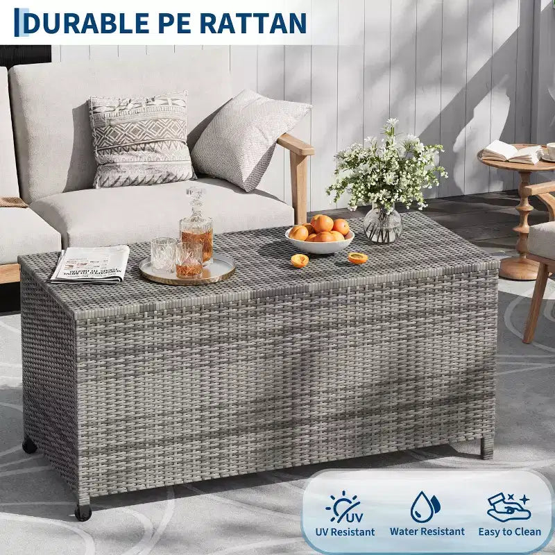 Acekool Baule Contenitore da Esterno in Rattan con Ruote, Coperchio in PP e Fodera con Cerniera, per Patio Piscina Giardino