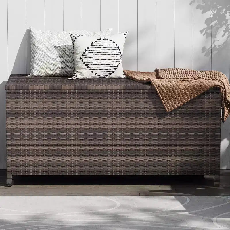 Acekool Baule Contenitore da Esterno in Rattan con Ruote, Coperchio in PP e Fodera con Cerniera, per Patio Piscina Giardino