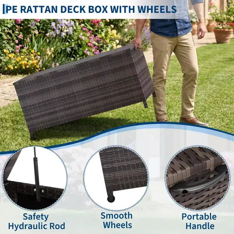 Acekool Baule Contenitore da Esterno in Rattan con Ruote, Coperchio in PP e Fodera con Cerniera, per Patio Piscina Giardino