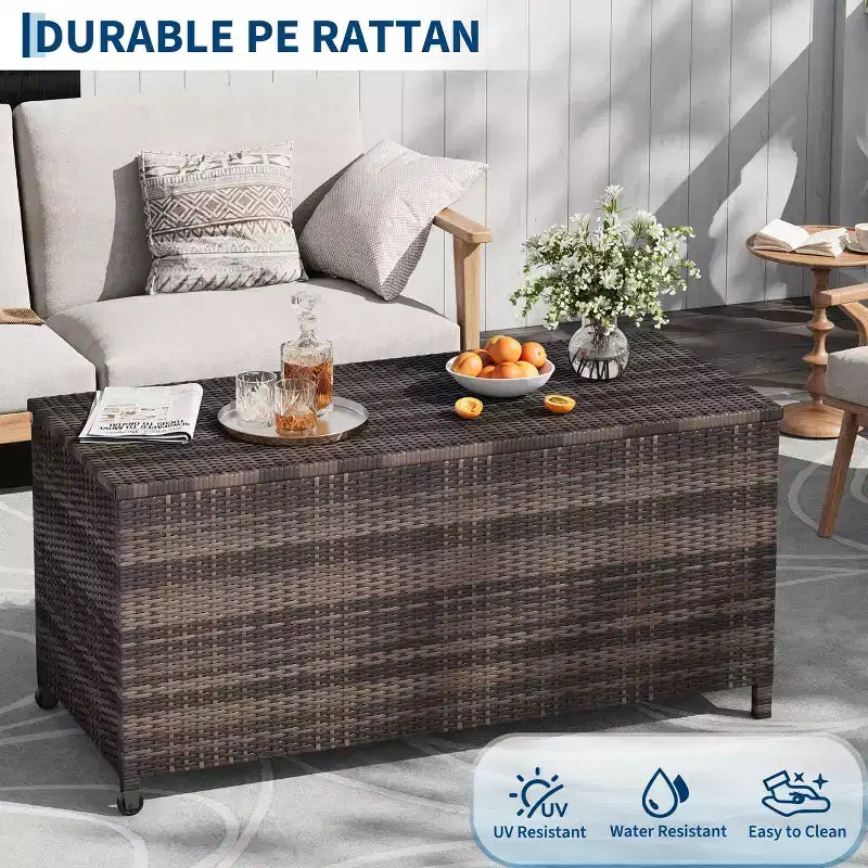 Acekool Baule Contenitore da Esterno in Rattan con Ruote, Coperchio in PP e Fodera con Cerniera, per Patio Piscina Giardino