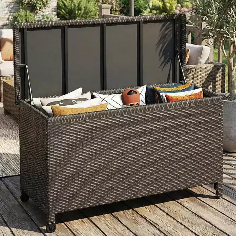 Acekool Baule Contenitore da Esterno in Rattan con Ruote, Coperchio in PP e Fodera con Cerniera, per Patio Piscina Giardino