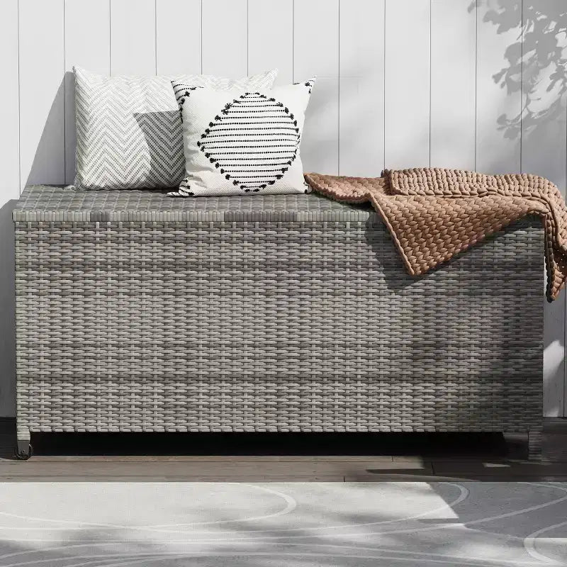 Acekool Baule Contenitore da Esterno in Rattan con Ruote, Coperchio in PP e Fodera con Cerniera, per Patio Piscina Giardino